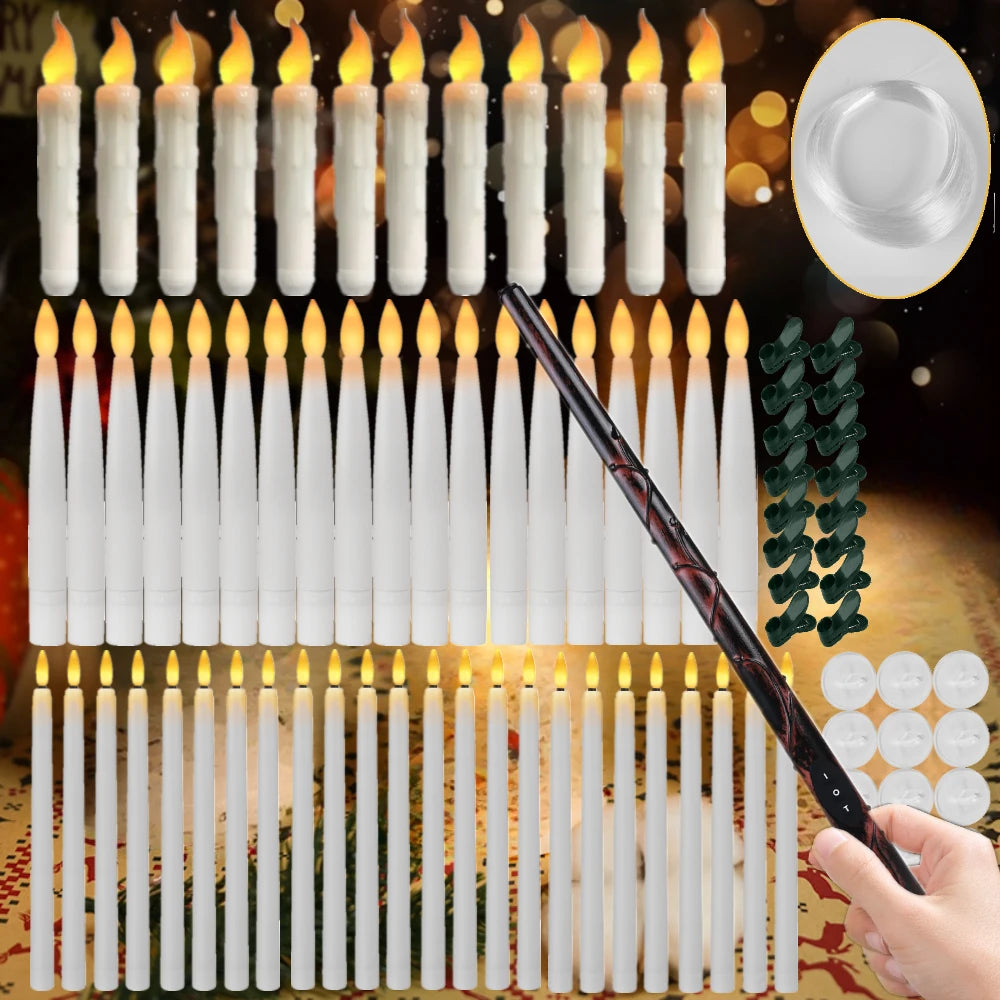 A set of white floating candles and a magic wand remote are displayed against a dark background.