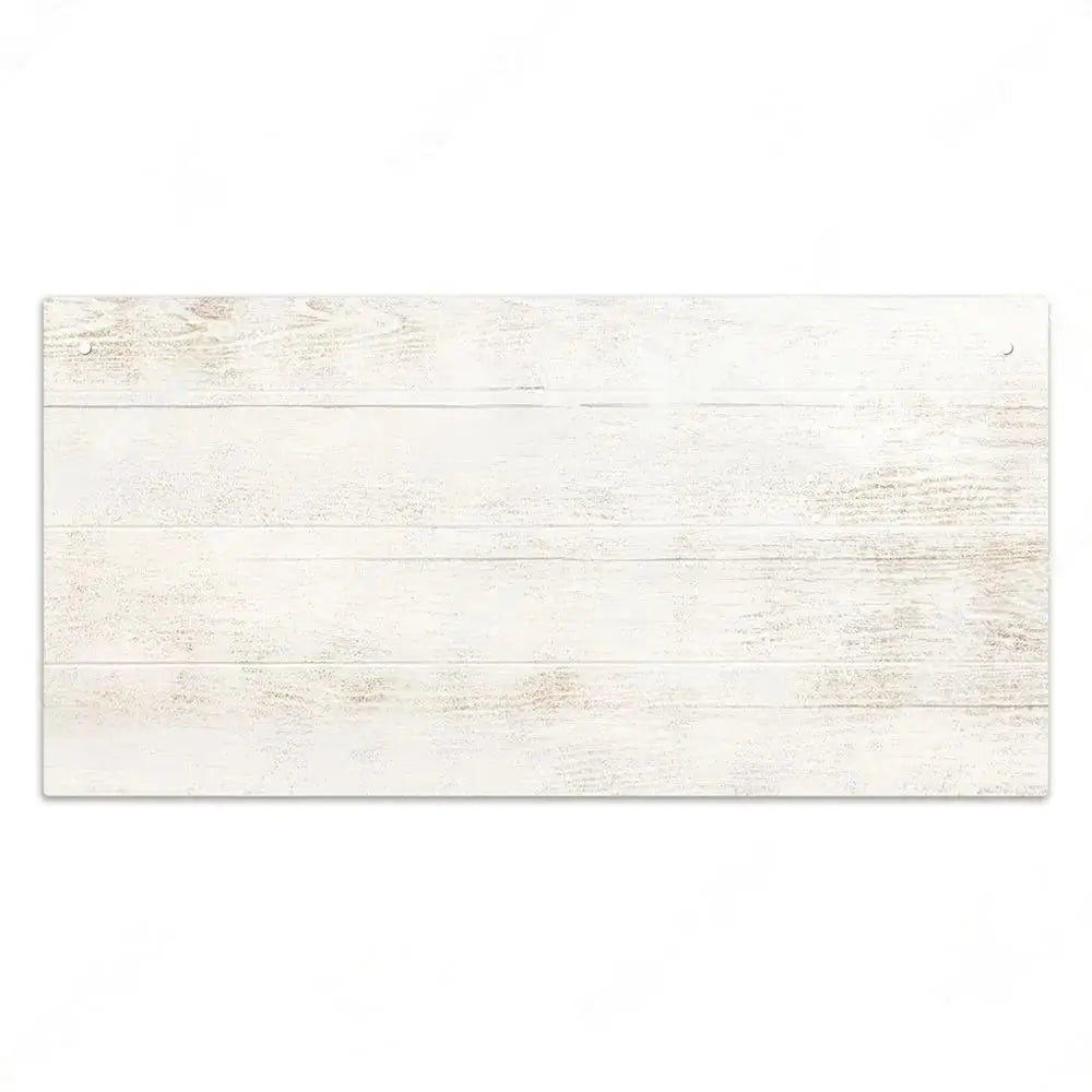A rectangular, distressed white wooden sign with horizontal planks for personalized home decor.
