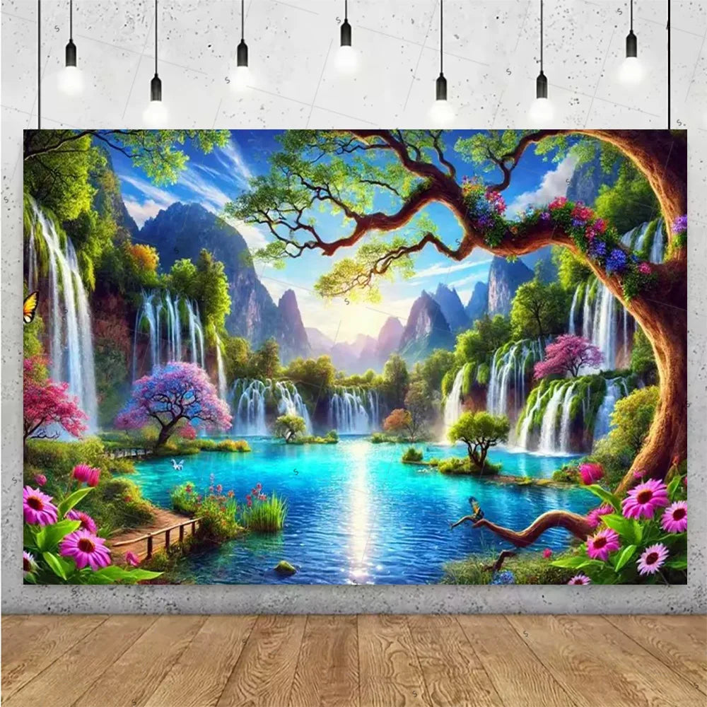 Forest Waterfall Wonderland Photography Backdrop