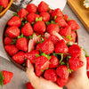 A hand holds a bowl full of bright red artificial strawberries for home decor or party styling.