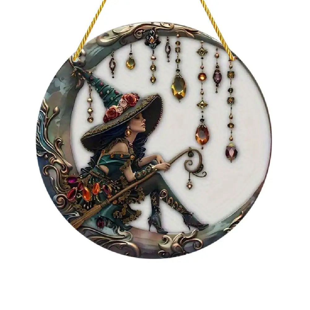 Stained glass window decor featuring a witch figure in a pointed hat and ornate jewelry