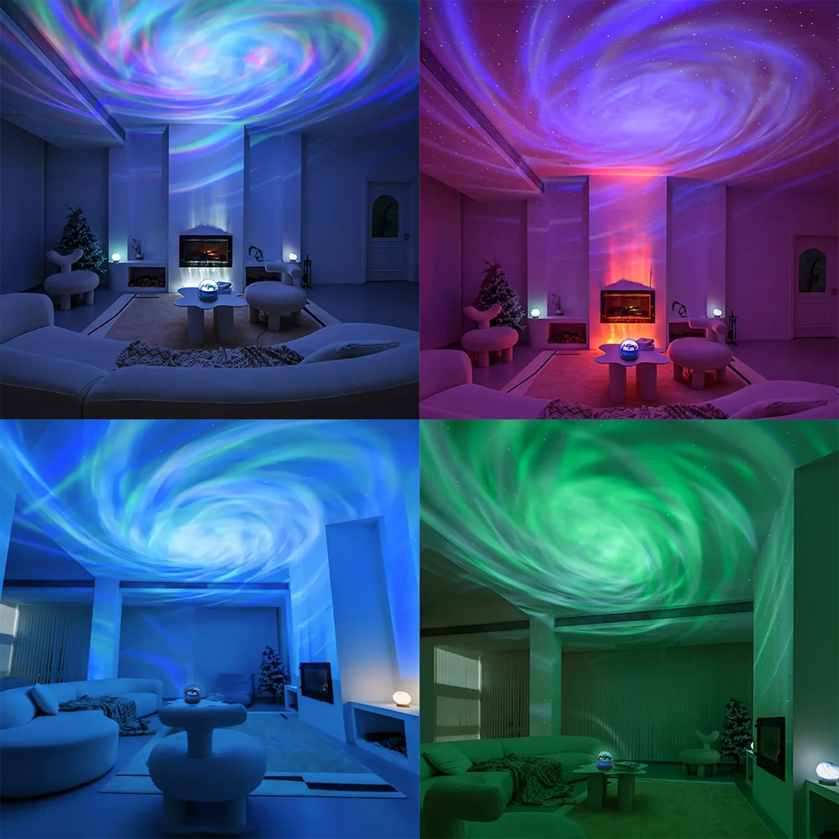 A room illuminated by a galaxy projection night light displaying swirling blue and purple colors on the ceiling.