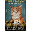 A vintage-style metal sign featuring an orange cat looking at the viewer, with text that reads Smirking Cat Coffee Co. and a 