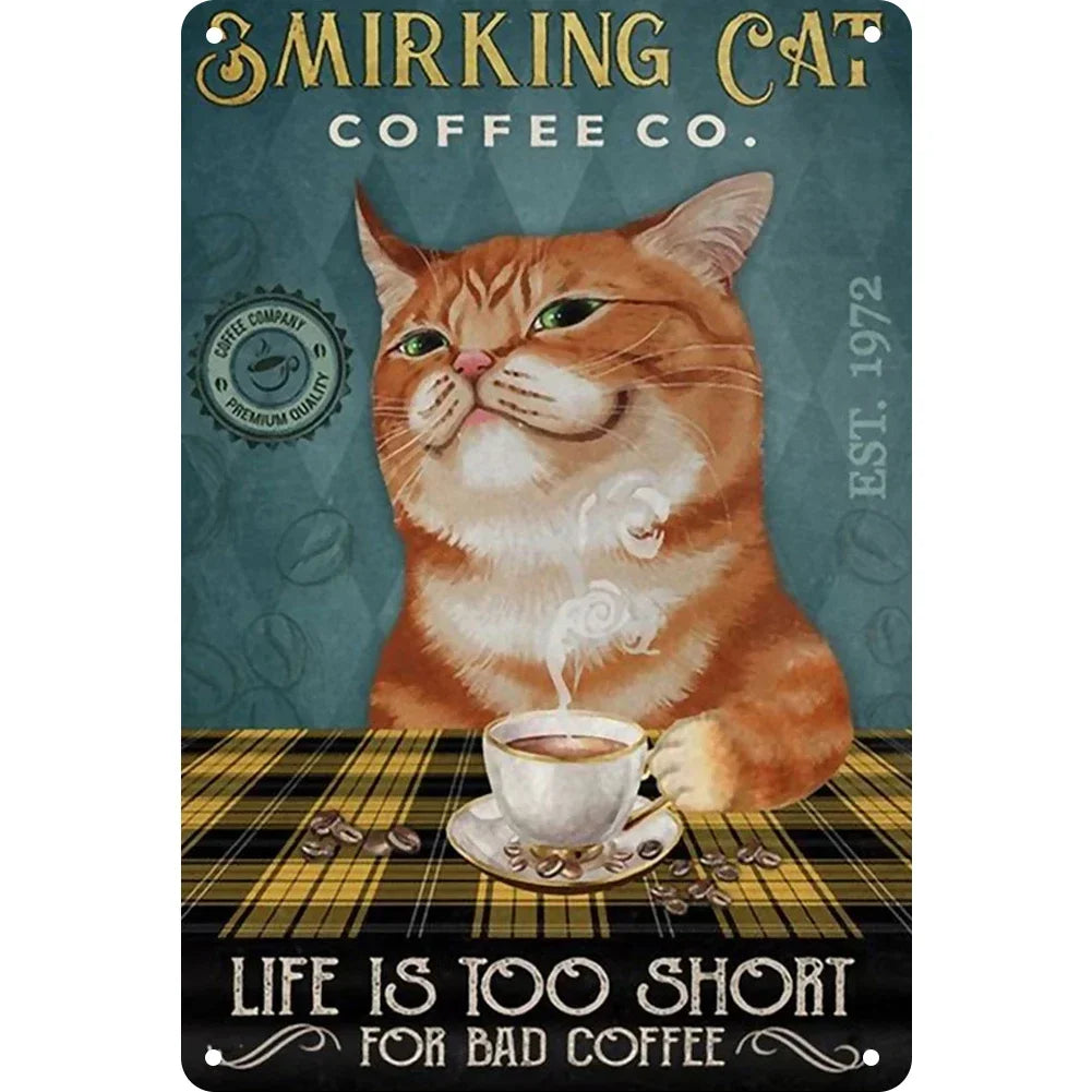 A vintage-style metal sign featuring an orange cat looking at the viewer, with text that reads Smirking Cat Coffee Co. and a 