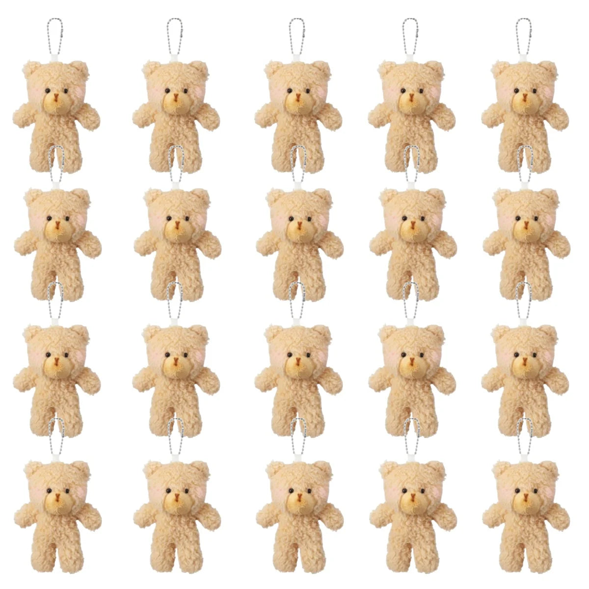 A set of mini plush teddy bear keychains in a light tan color.