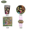 A set of birthday party supplies including cups, plates, and decorative elements featuring Masha and the Bear characters.