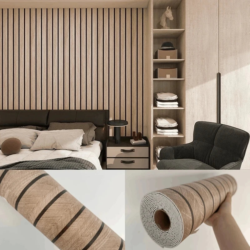 Roll of faux wood grain self-adhesive wallpaper showing natural brown and beige tones.