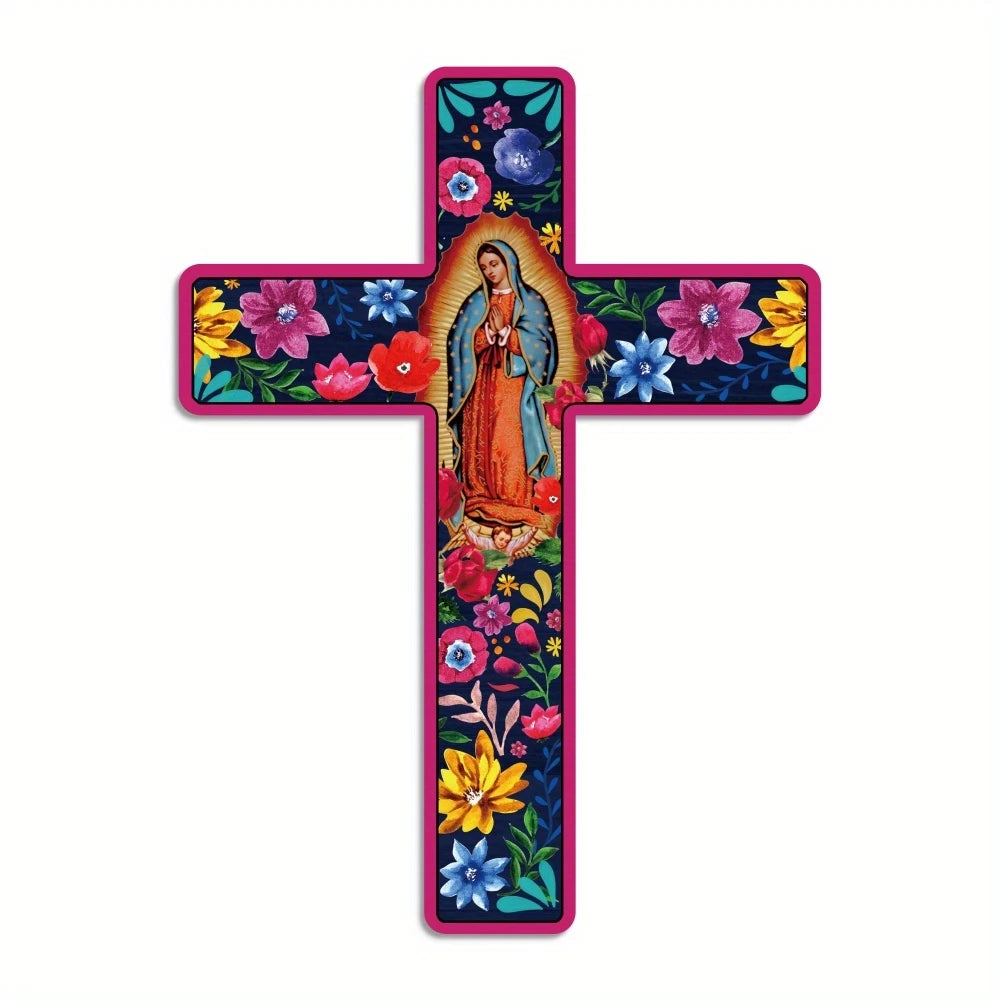 A colorful floral Mexican cross wall art featuring a depiction of the Virgin Mary surrounded by vibrant flowers.