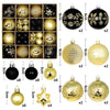 A collection of festive Christmas ball ornaments in various gold and black finishes, including spherical and star-shaped desi