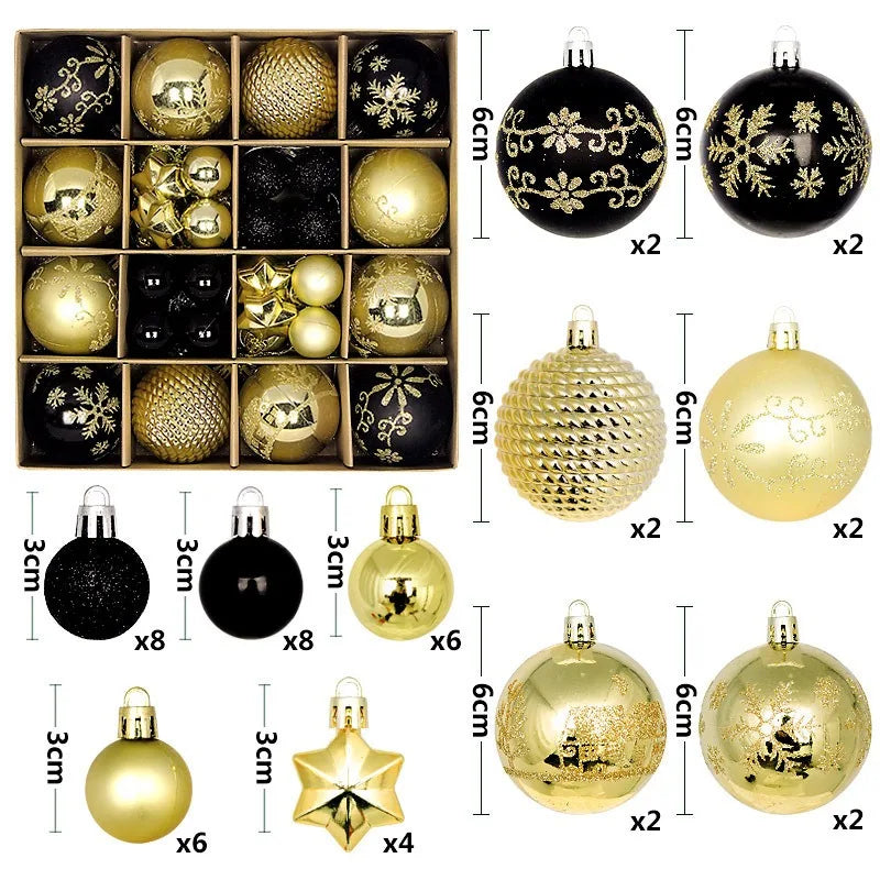 A collection of festive Christmas ball ornaments in various gold and black finishes, including spherical and star-shaped desi