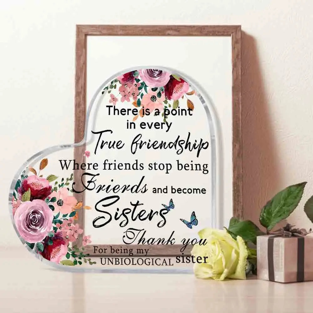 Placa de acrílico con diseño floral y texto agradeciendo a una hermana por amistad verdadera