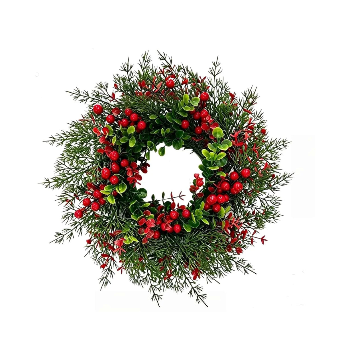 Artificial pine and eucalyptus wreath decorated with bright red berries