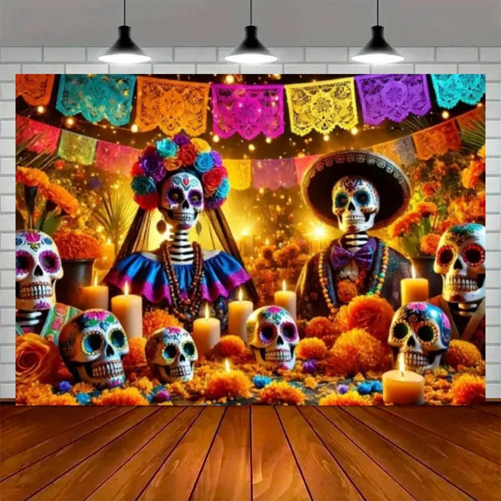 Day of the Dead Skeleton Carnival Backdrop for Halloween Party Decorations