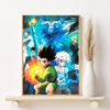Canvas wall art featuring Hunter x Hunter characters Gon, Killua, and Hisoka in dynamic action poses.
