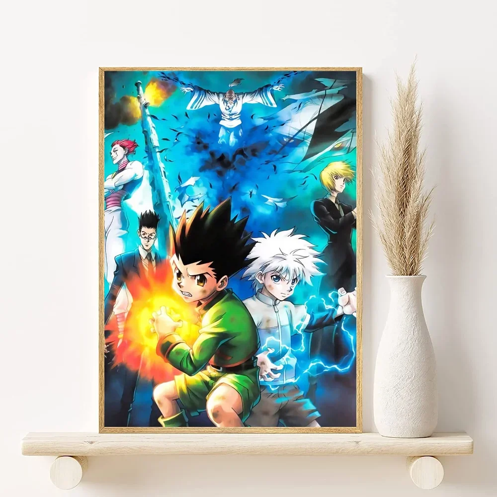 Canvas wall art featuring Hunter x Hunter characters Gon, Killua, and Hisoka in dynamic action poses.