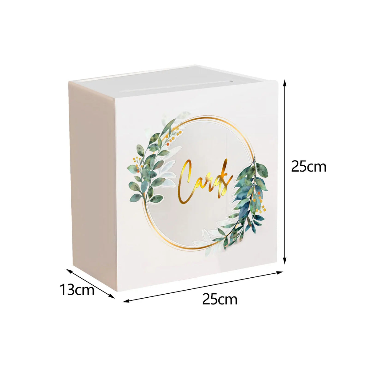A rectangular white acrylic gift box with a circular gold wreath design and green foliage.