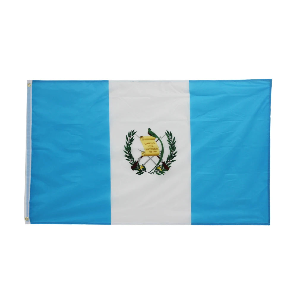 Guatemala flag featuring vertical stripes of blue and white with a national emblem.