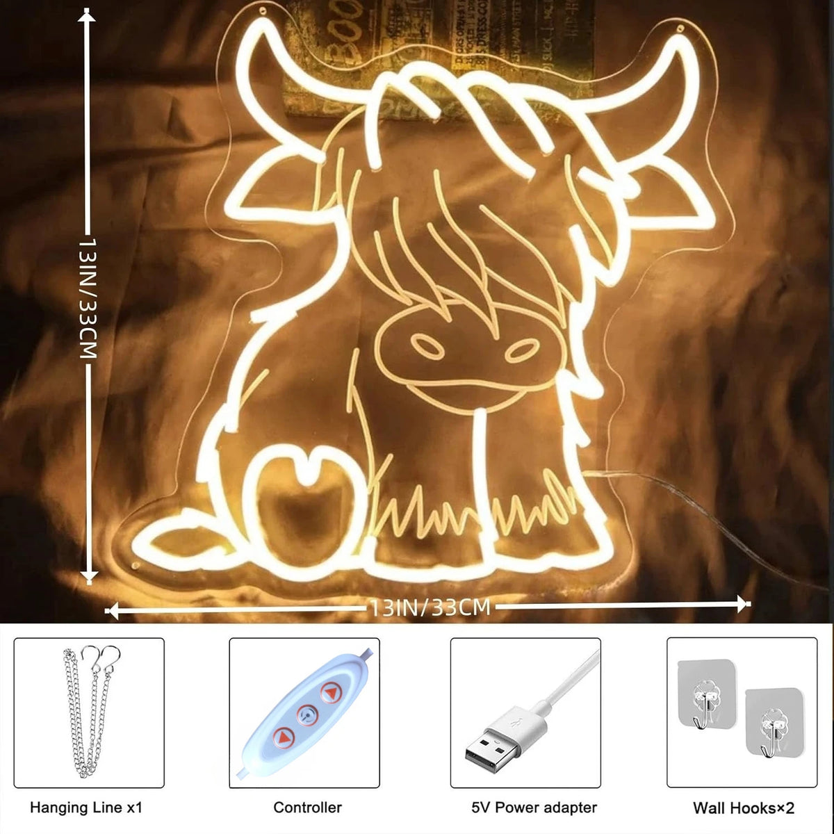 Dimmable neon sign of a Highland cow silhouette with hanging line and power adapter components