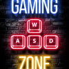 Neon signs spelling out GAMING WASD ZONE on a brick wall background