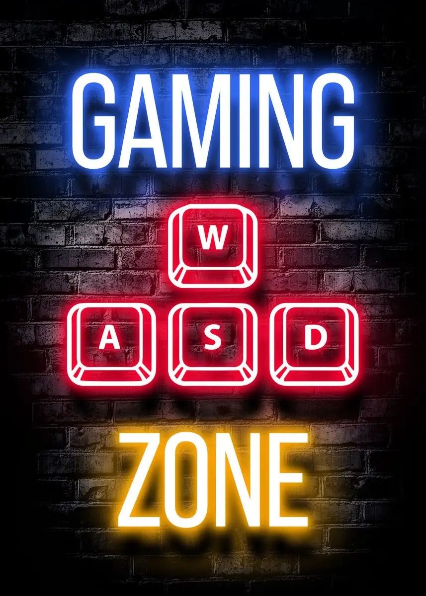 Neon signs spelling out GAMING WASD ZONE on a brick wall background