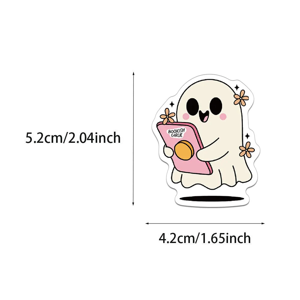 A cute ghost sticker featuring a book and flowers, measuring 5.2cm/2.04inch by 4.2cm/1.65inch.