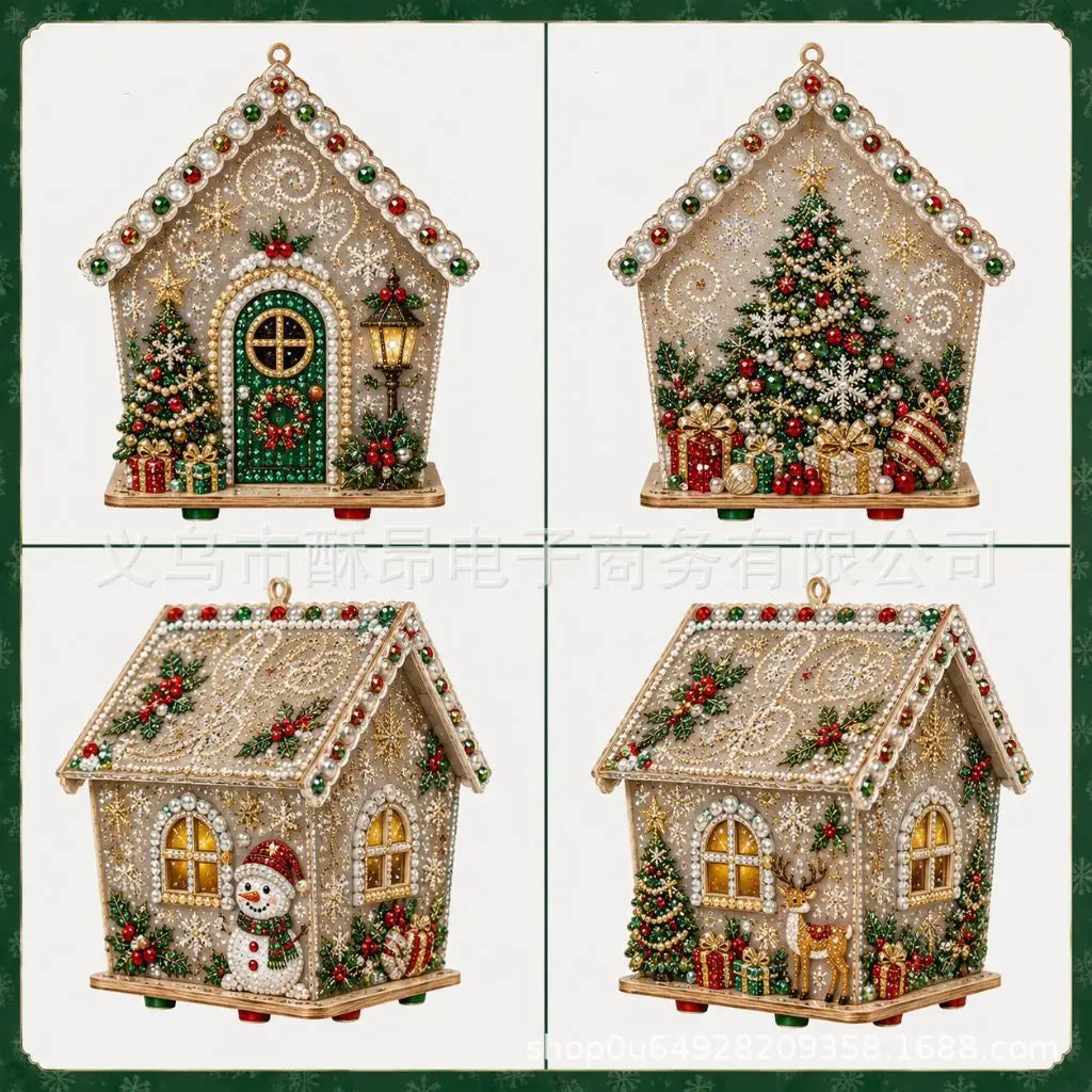A set of four diamond painting ornaments depicting various gingerbread houses and Christmas scenes.