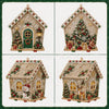 A set of four diamond painting ornaments depicting various gingerbread houses and Christmas scenes.