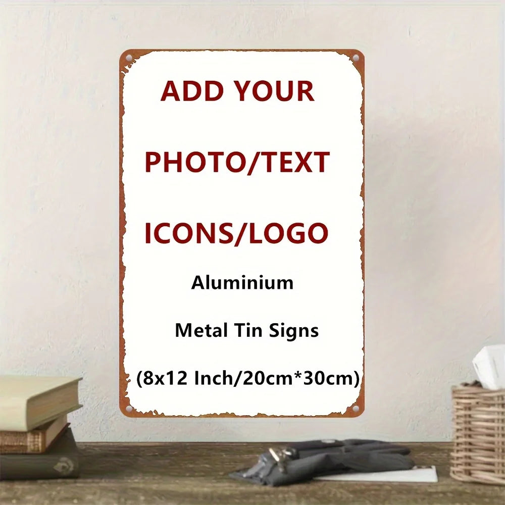 A rectangular aluminum metal sign template with a distressed border, ready for adding photo or text icons.