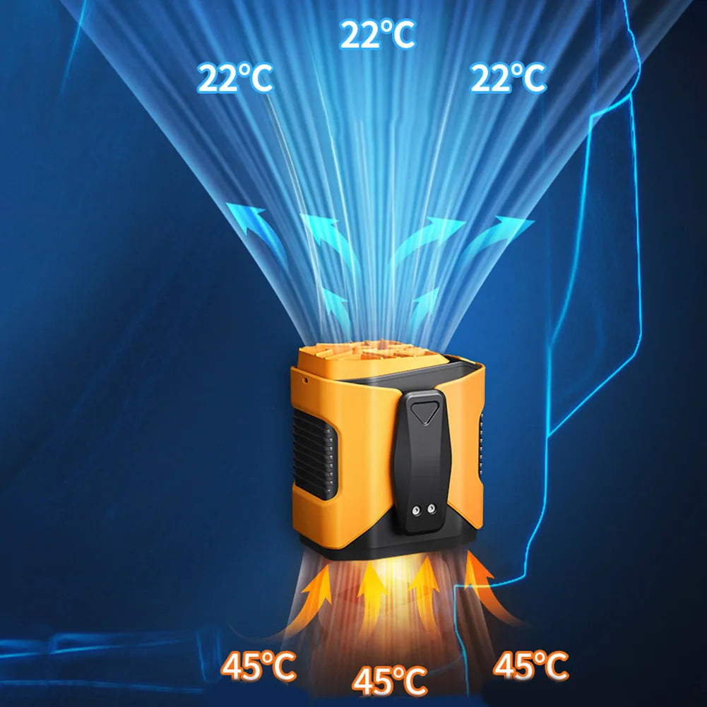 A portable rechargeable waist fan is shown blowing warm air onto a surface, with temperature indicators showing 22°C and 45°C