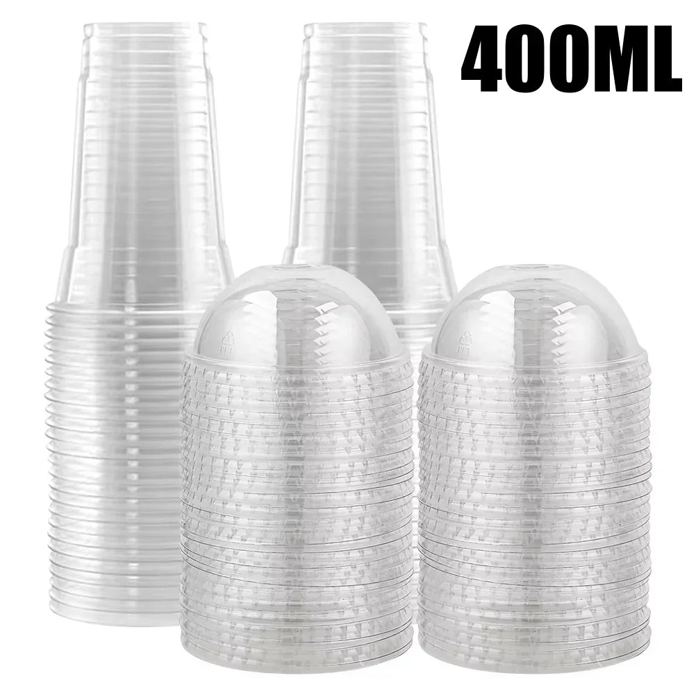 A stack of clear 400ml disposable plastic cups with lids and straws.