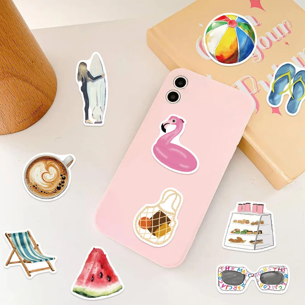 A pink smartphone decorated with various summer-themed stickers including a flamingo, watermelon slice, sunglasses, and a sur