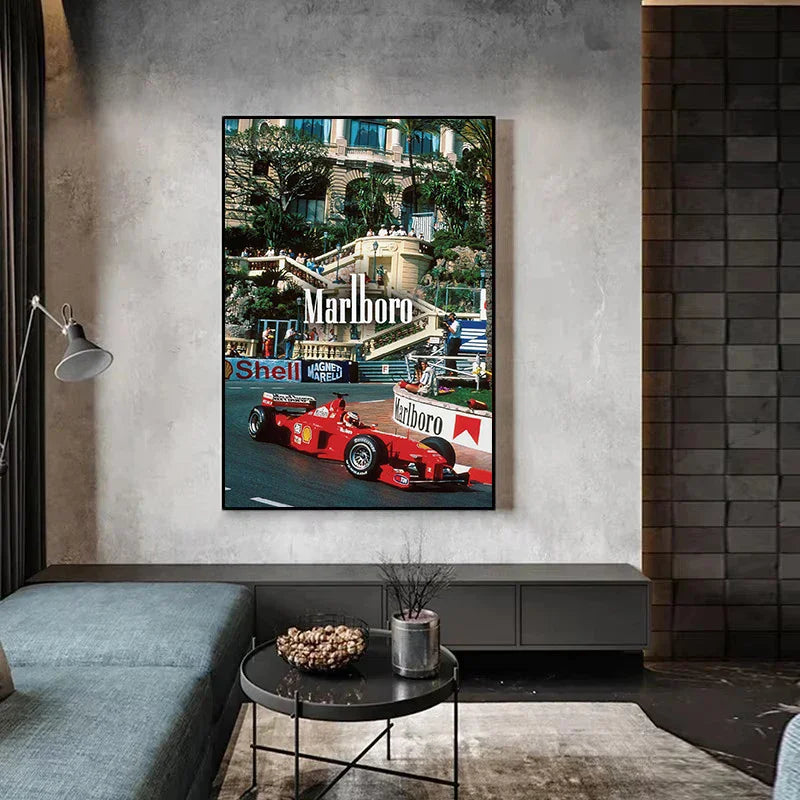 A canvas art print depicting a vintage Formula 1 race car on the Monaco track.