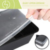 A hand is opening a black plastic food storage container with an easy open design feature.