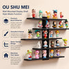 A set of four black wall-mounted display shelves featuring various colorful figurine characters.