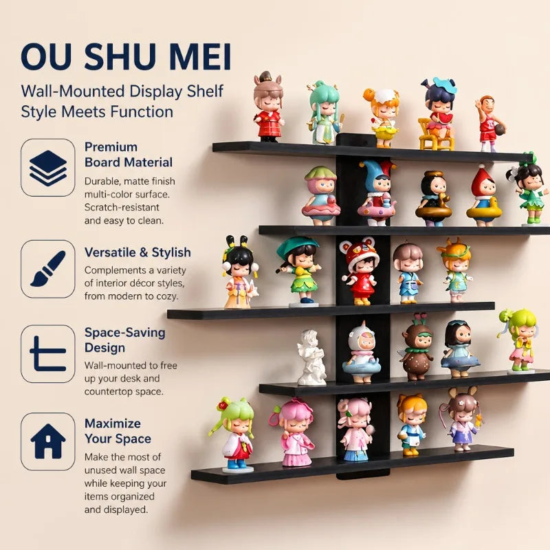 A set of four black wall-mounted display shelves featuring various colorful figurine characters.