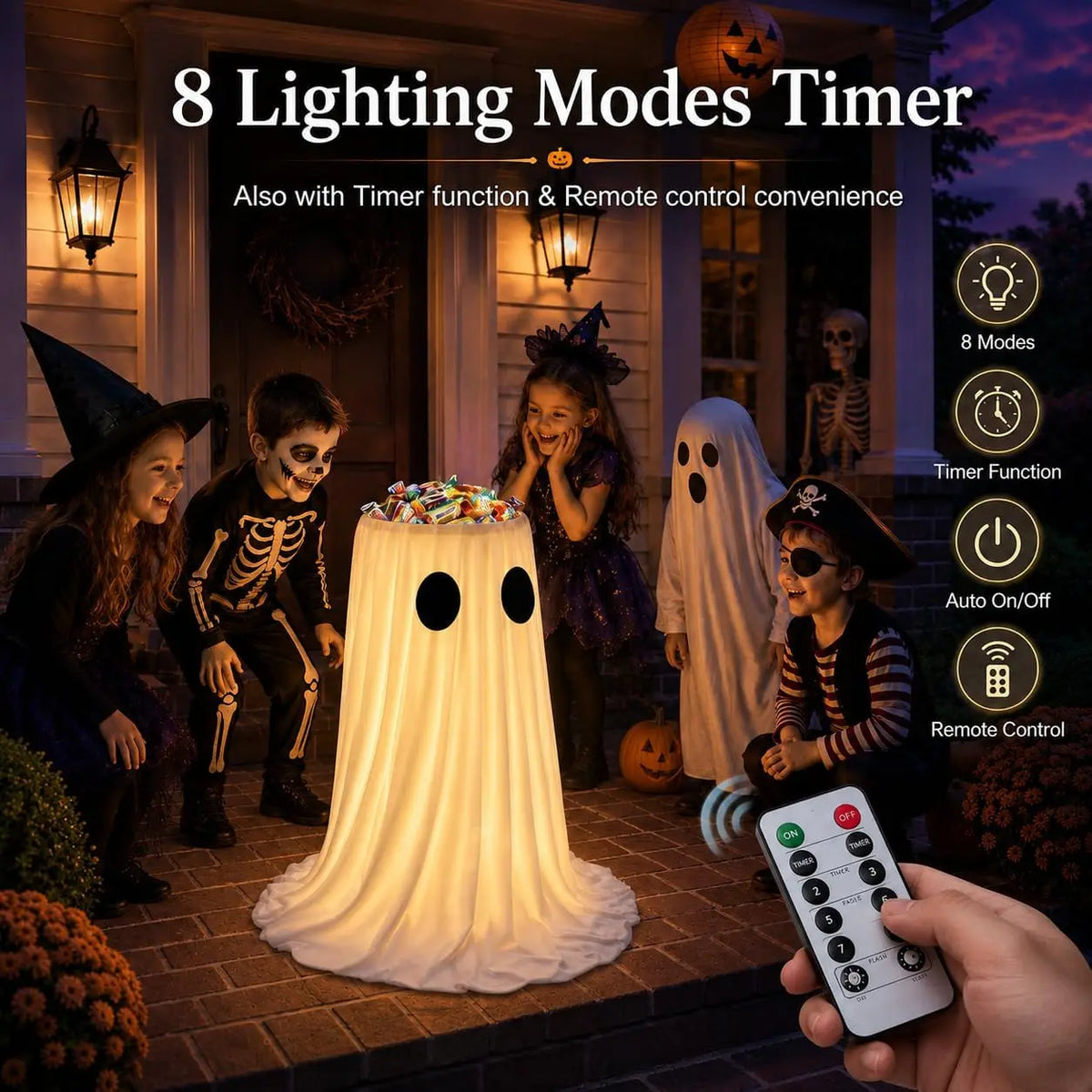 Bol à bonbons fantôme LED avec minuteur, décoré pour Halloween.