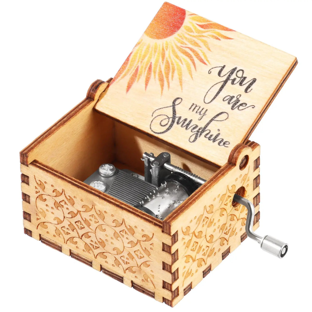 A vintage hand-cranked wooden music box with a lid featuring a sun design and a silver crank mechanism.
