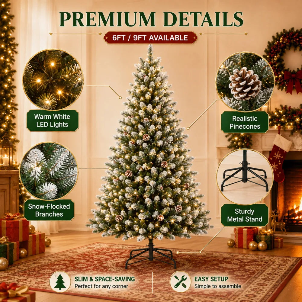 A flocked artificial Christmas tree decorated with warm white LED lights and a sturdy metal stand.