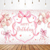 Pink bow tie birthday party backdrop banner featuring pink balloons and a decorative frame