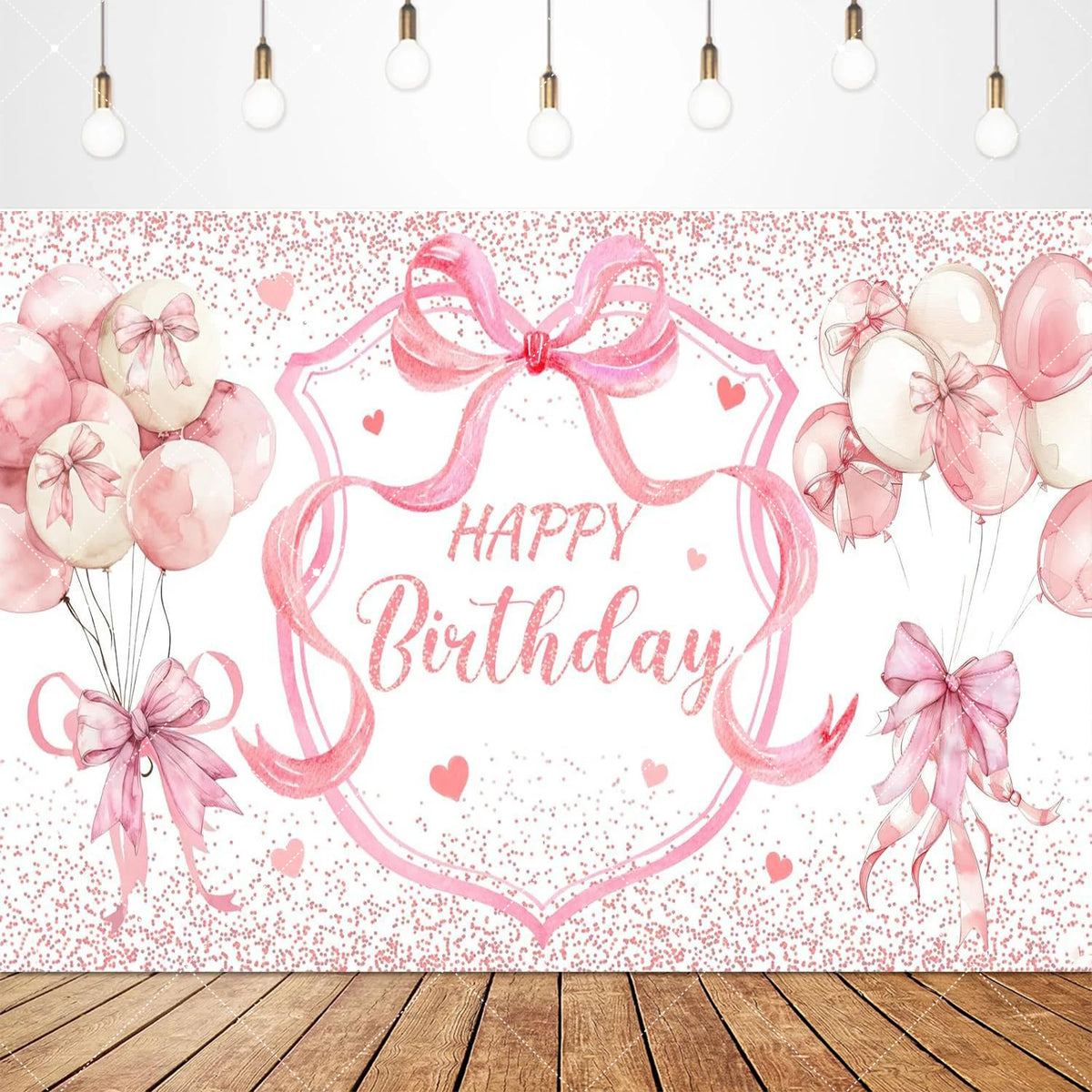 Pink bow tie birthday party backdrop banner featuring pink balloons and a decorative frame