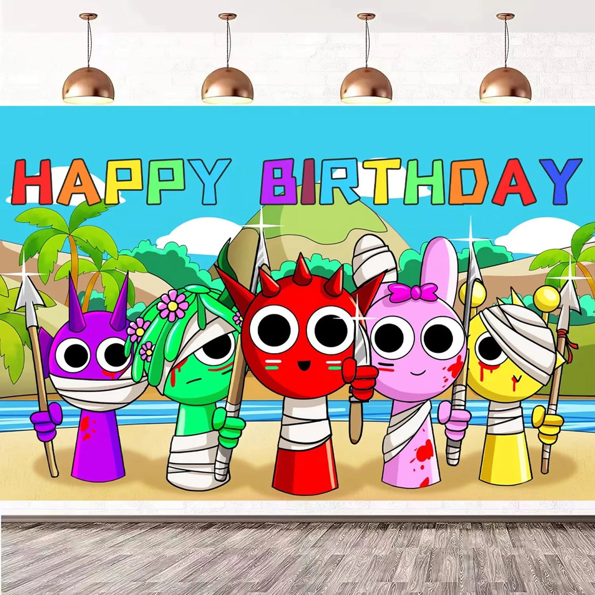A colorful set of Incredibox Sprunki birthday party characters celebrating a happy birthday.