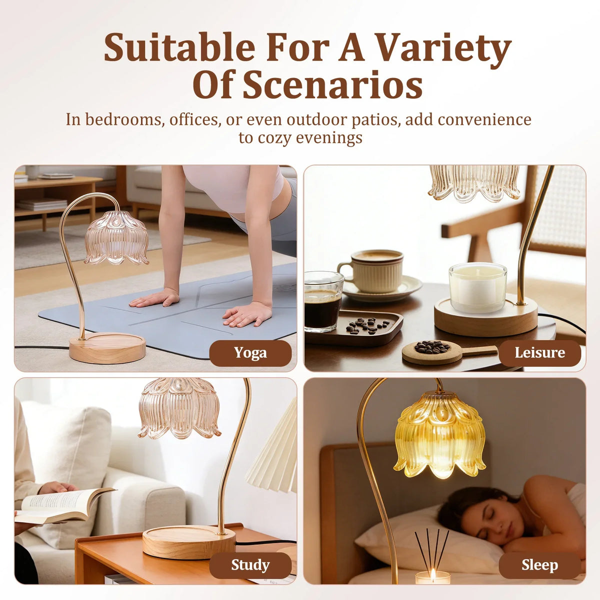 Dimmable flameless decorative candle warmer lamp shown in various indoor settings for yoga, leisure, study, and sleep.
