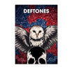 A dark poster featuring a stylized owl with spread wings against a background of red and blue roses, titled DEFTONES.