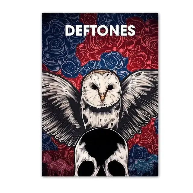 A dark poster featuring a stylized owl with spread wings against a background of red and blue roses, titled DEFTONES.