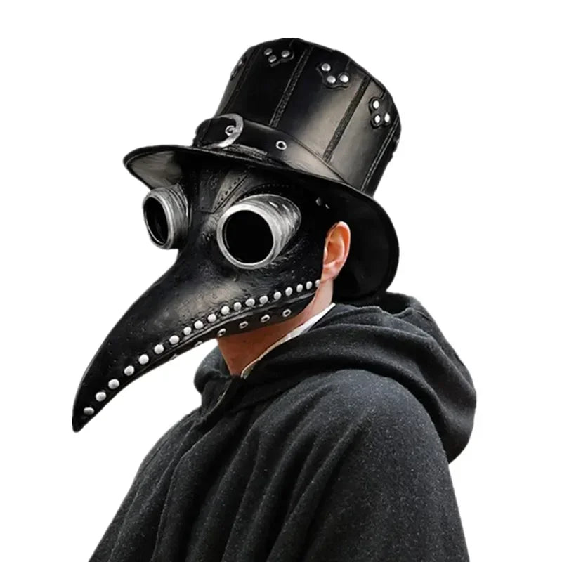 A person wearing a black plague doctor mask with large eyeholes and a black hooded garment.