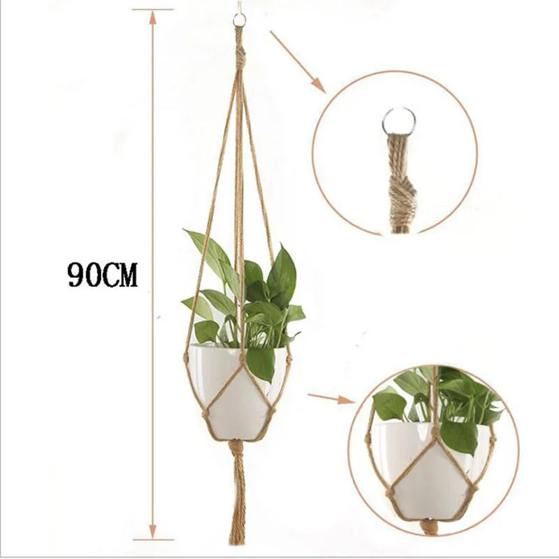 Handmade macrame plant hanger with a woven rope and a white pot for hanging plants