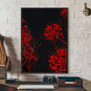 A vertical poster featuring a vibrant red spider lily design against a black background.