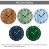 A set of five minimalist wooden wall clocks showing different color options and time displays.