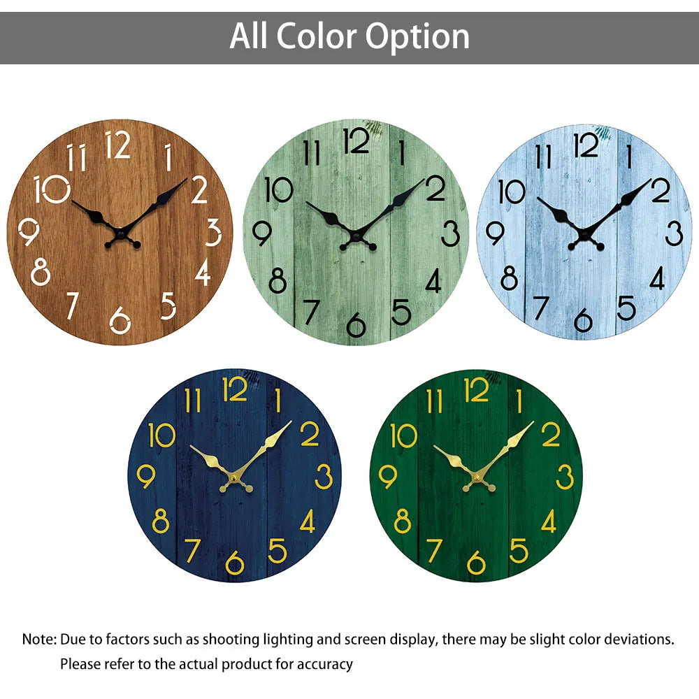 A set of five minimalist wooden wall clocks showing different color options and time displays.