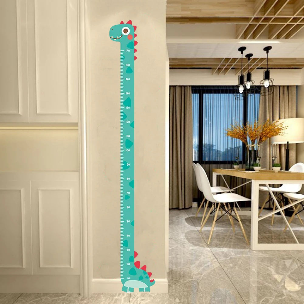A vertical height chart wall sticker featuring a dinosaur and giraffe design for children's rooms.